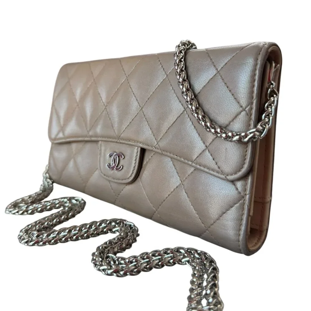 CHANEL Taupe Lambskin SHW Classic Flap Trifold Wallet